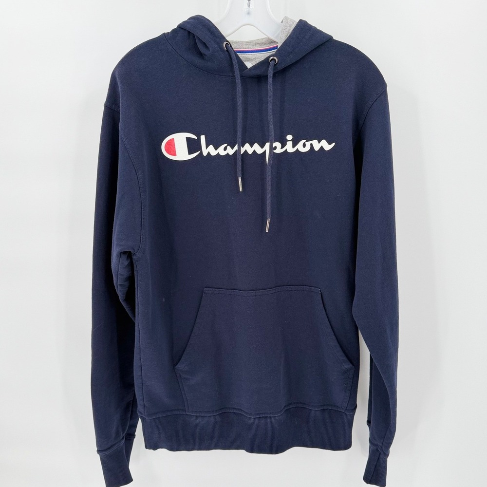 CHAMPION Navy Script Logo Hoodie Adult Small Pullover Fleece Sweatshirt